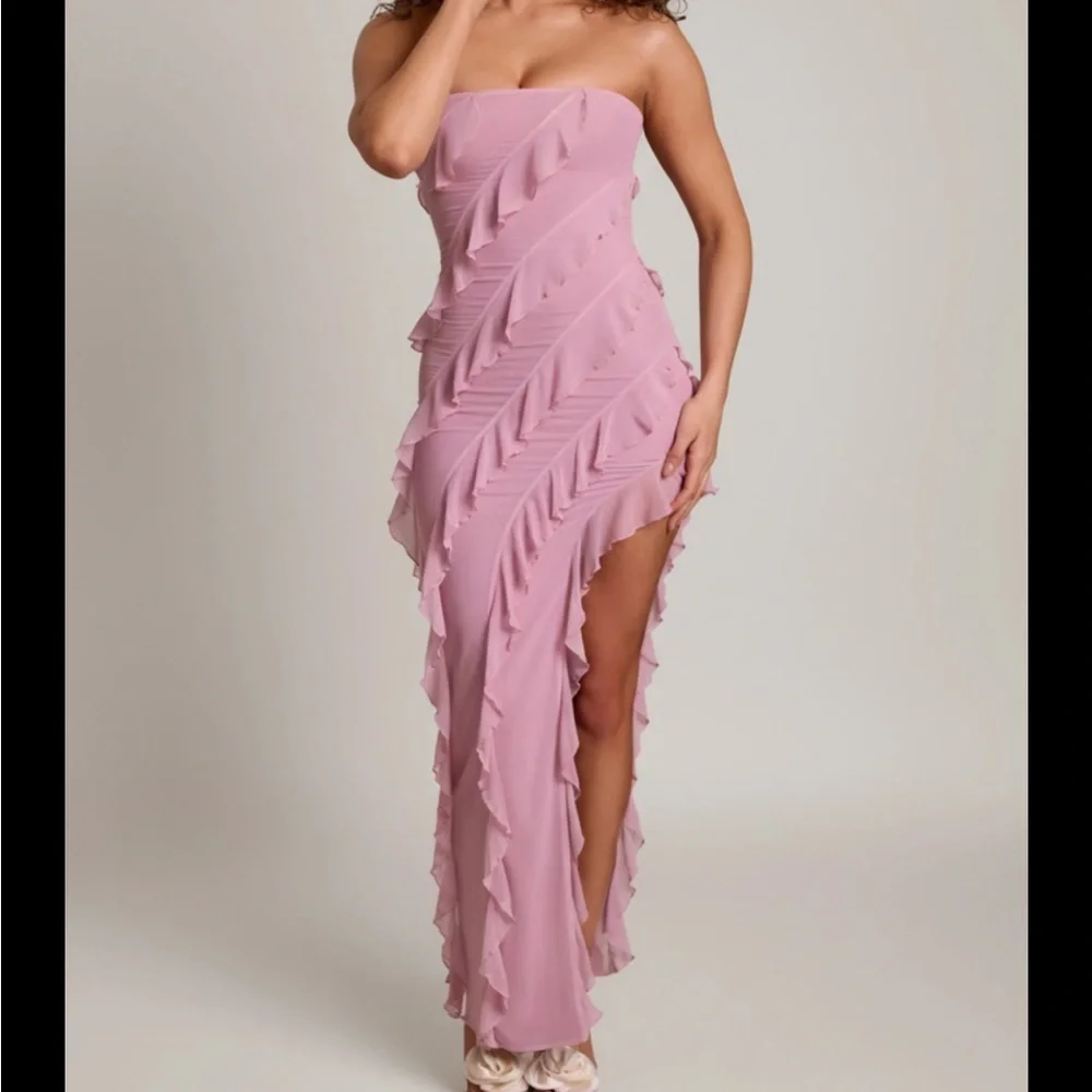 Oh Polly Nevali Badeau Ruffle Detail Maxi Dress Dusty Pink Size 2 - Picture 1 of 8